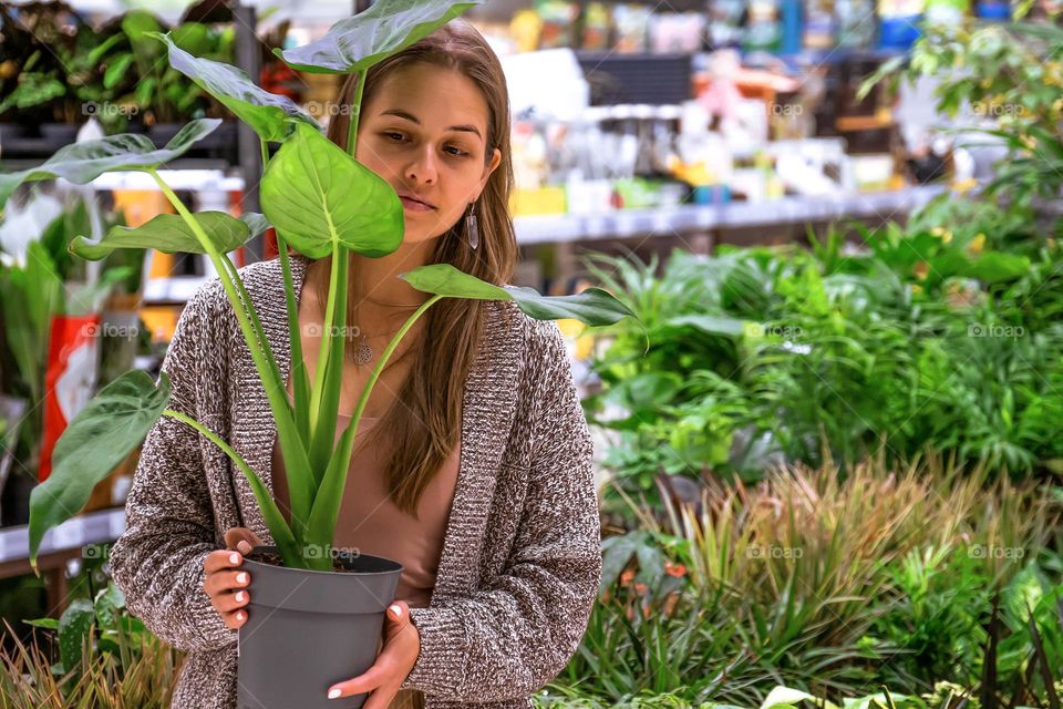 Young woman holding a pot with monstera in the middle of a flower store