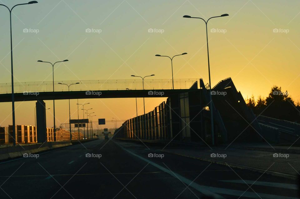 Golden hour during sunrise  on the expressway in Poland