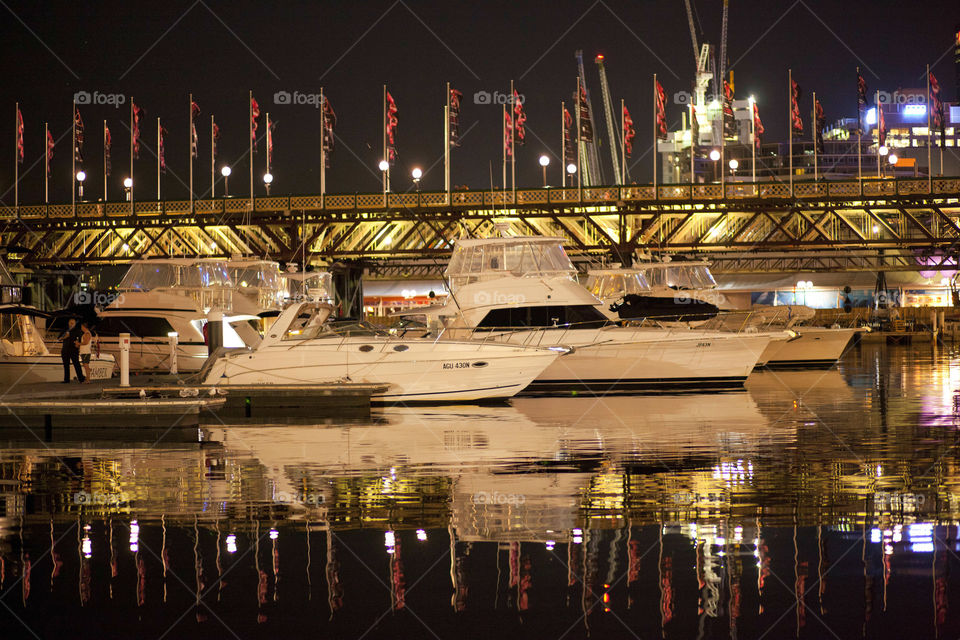 Exploring Australia, Darling Harbour at  night, Yacht, dock, city lights, reflection