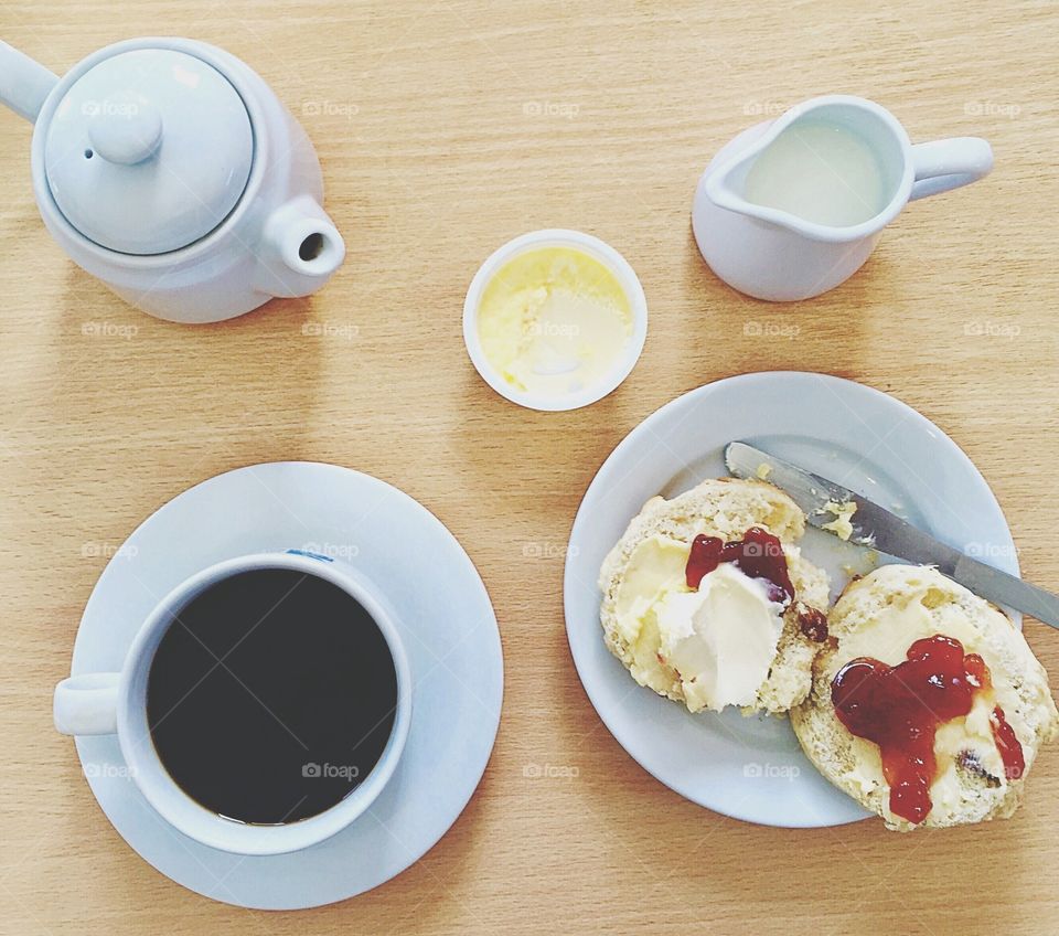 High angle view of scones and tea