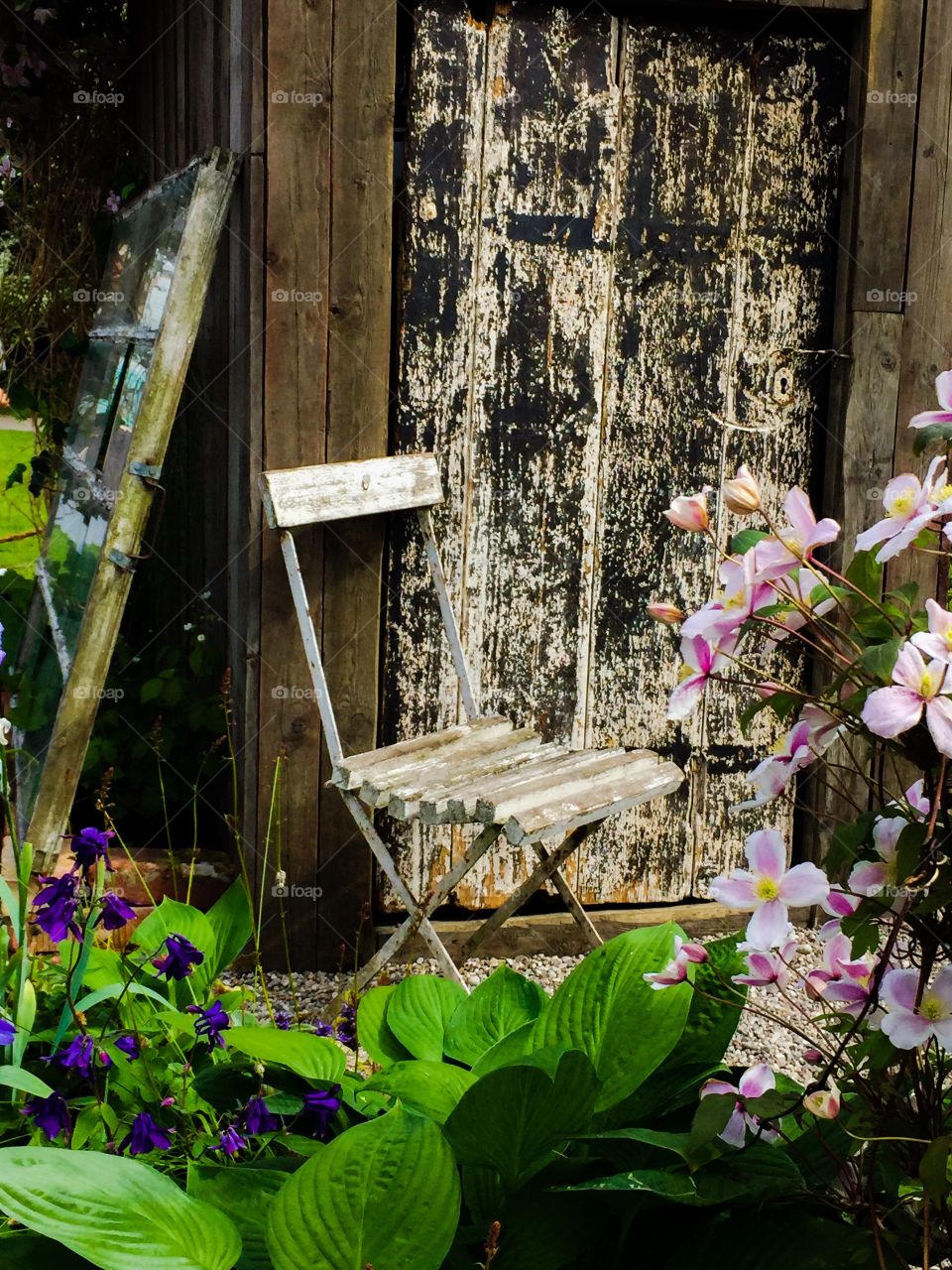 Vintage garden. Vintage garden with a old wooden chair