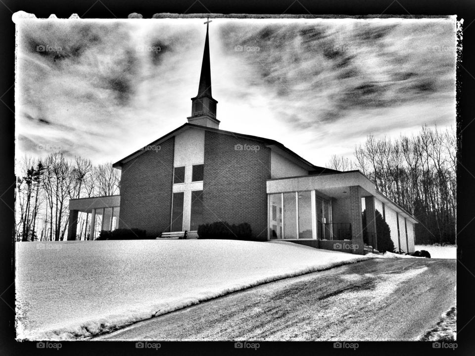 church in black and white