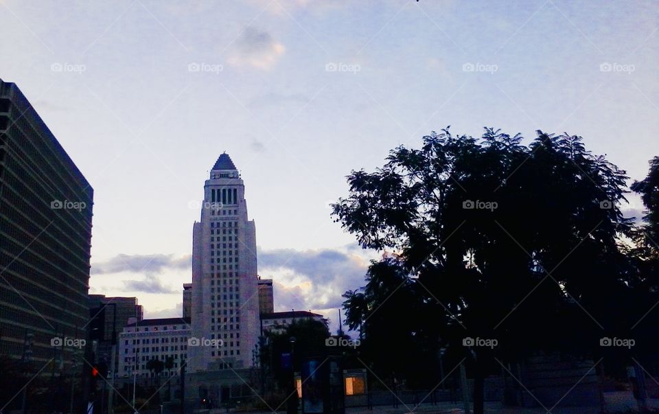 Los Angeles City Hall at sunset.