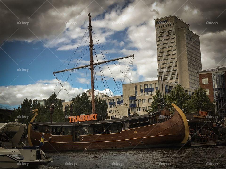 A boat turned into a restaurant. The photo was taken in Stockholm.