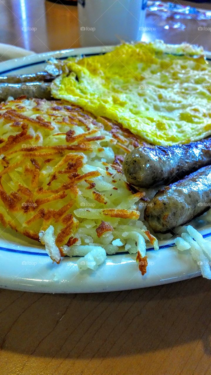 Breakfast of Champions, sausage,eggs, hash browns