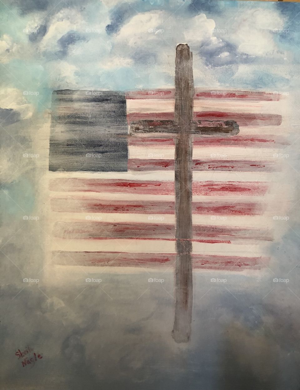 An American flag acrylic painting with a cross down and clouds.