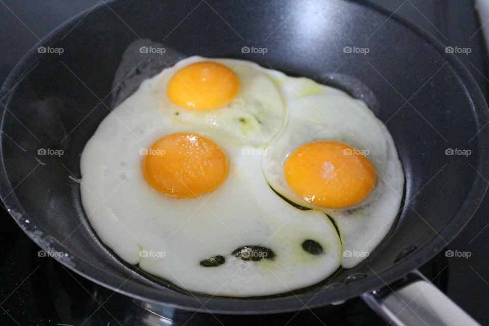 three eggs in a pan