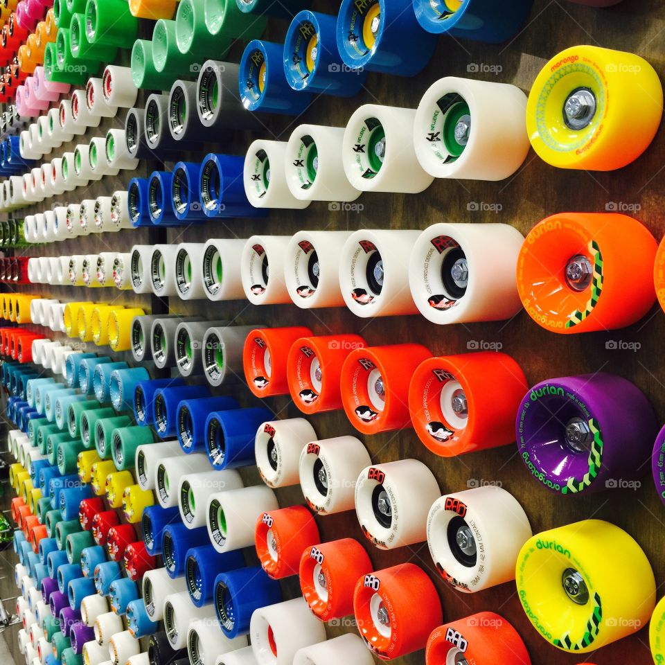 Wall Of Round . A colorful display of skate board wheels.