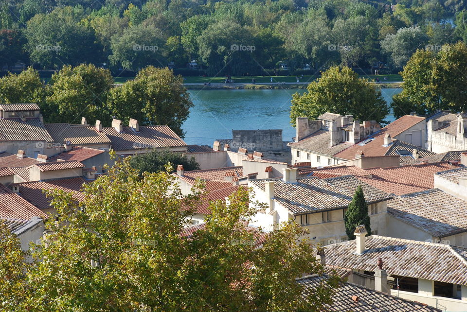 High angle view of buildings with river