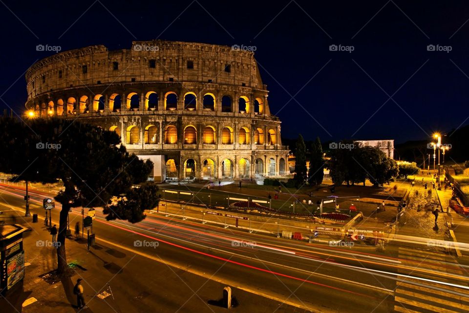 The Coliseum. A long exposure of the Coliseum in Rome, Italy at night. 