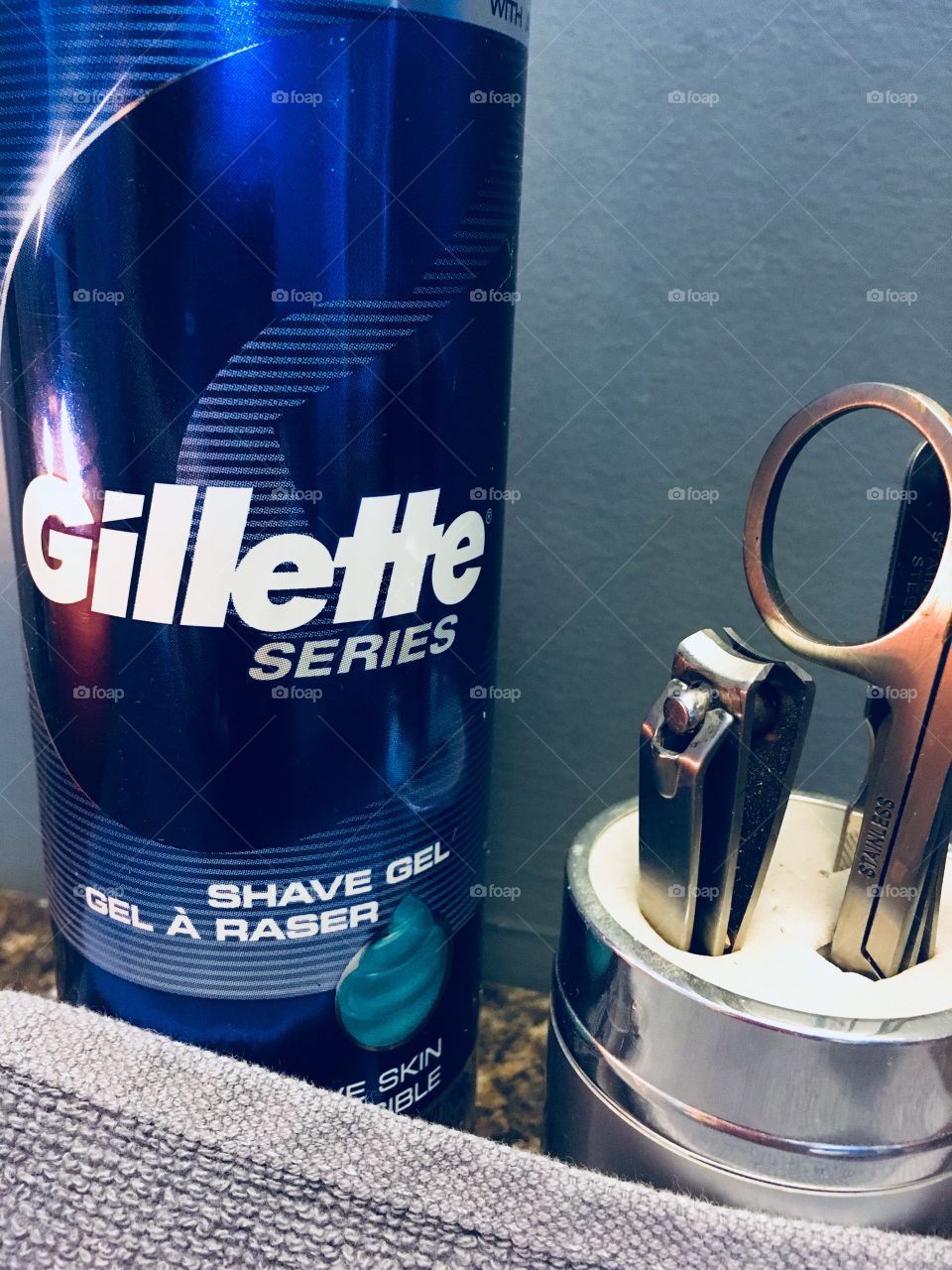 Gillette shave gel and grooming tools. Getting ready to shave and look his best. 