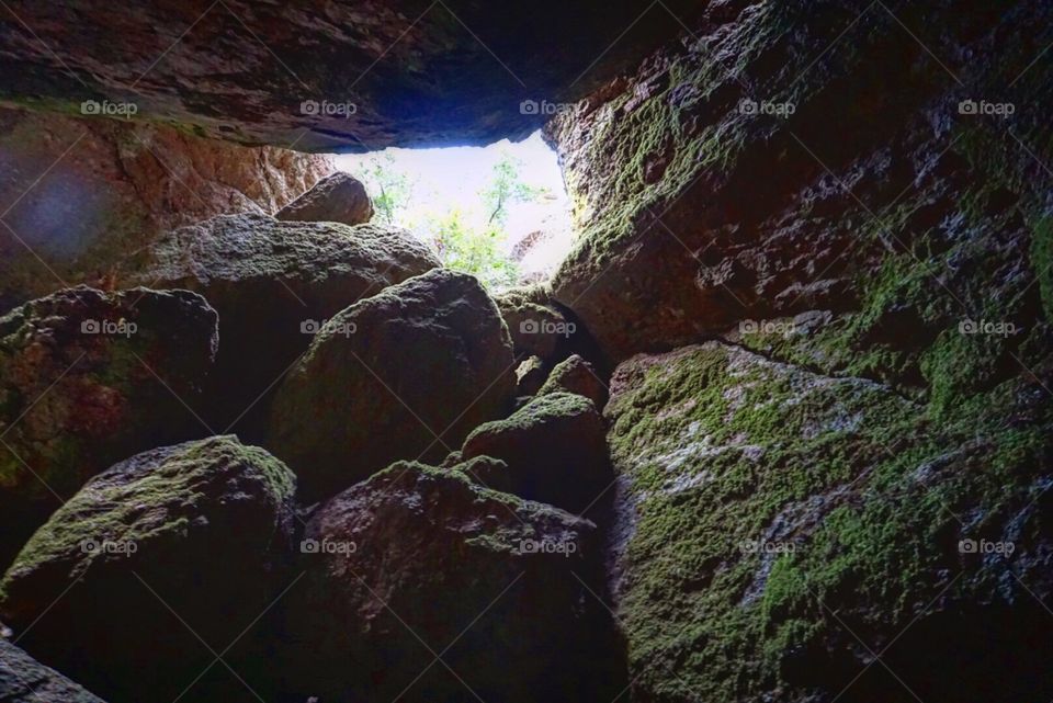Looking up in a Talus cave 