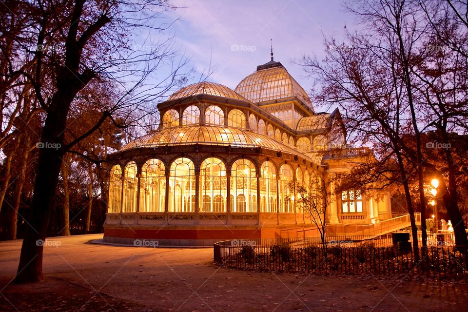 Crystal Palace in Retiro Park in Madrid by night 