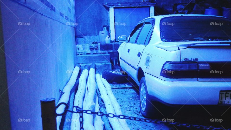 blue lit garage