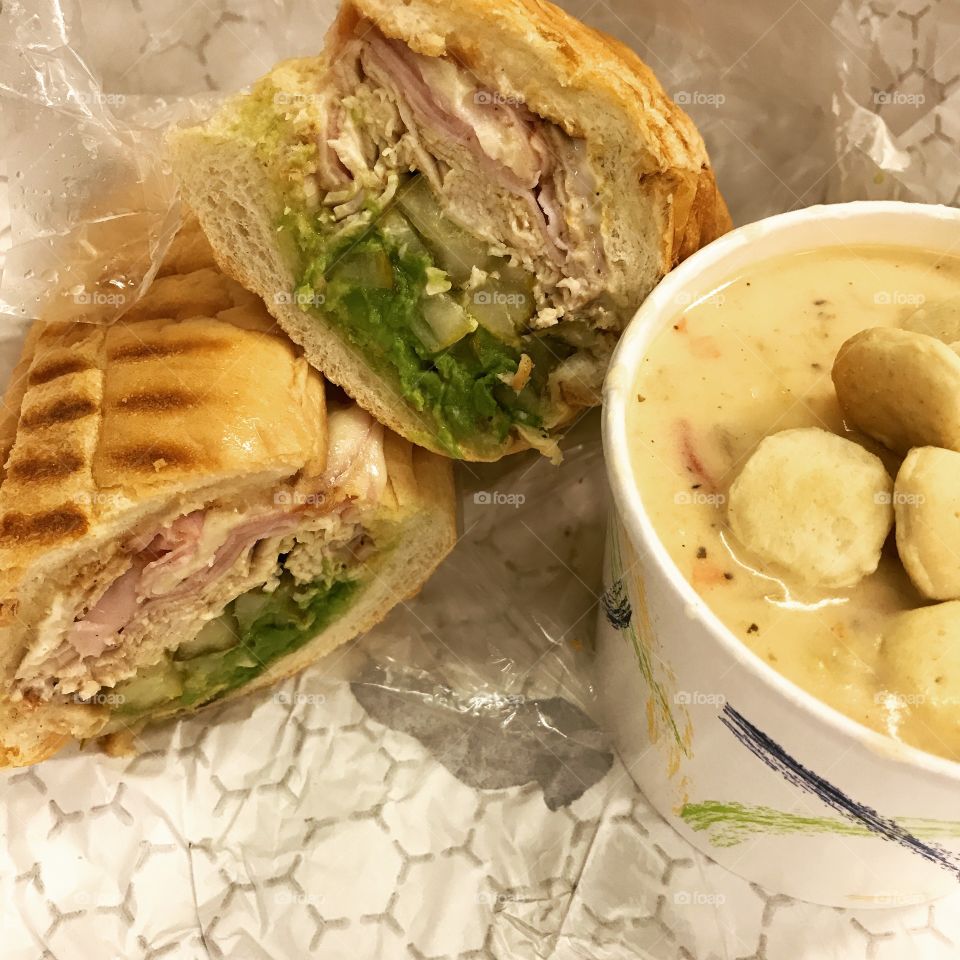 The best Cuban sandwich with shrimp and corn chowder 