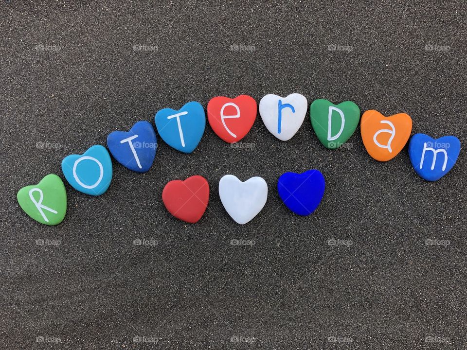 Rotterdam, city name with colored heart stones