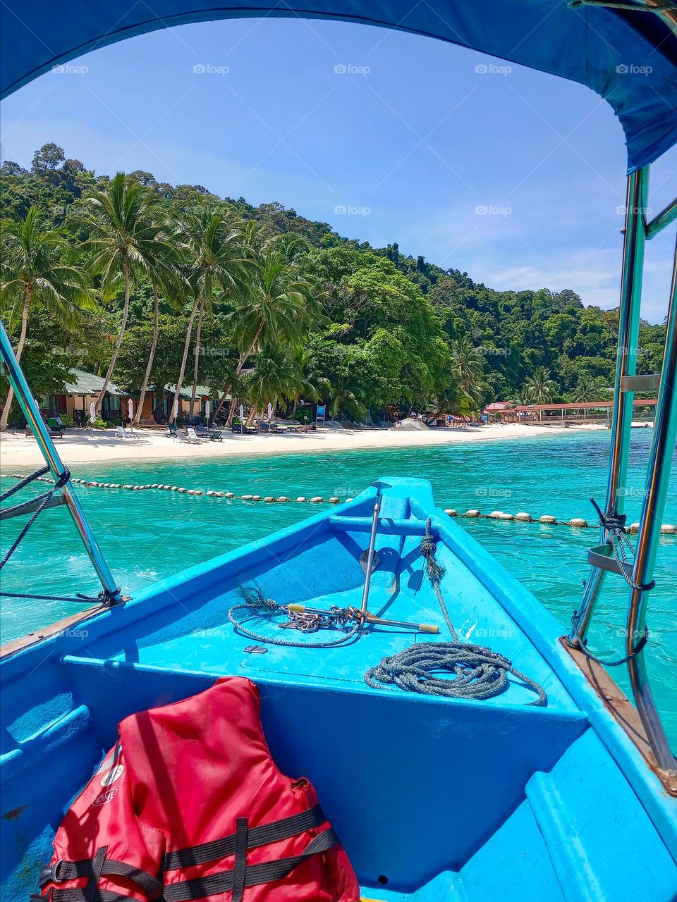 boat about to land on a tropical beach with palm trees