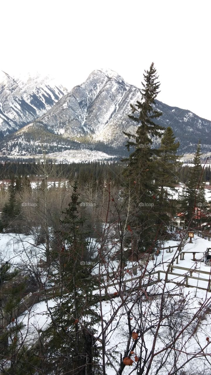 View of the snow covered Rocky Mountains from Banff hot springs in beautiful British Columbia 
