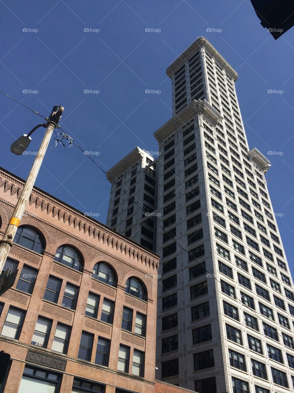Looking up at the Smith Tower in Seattle.