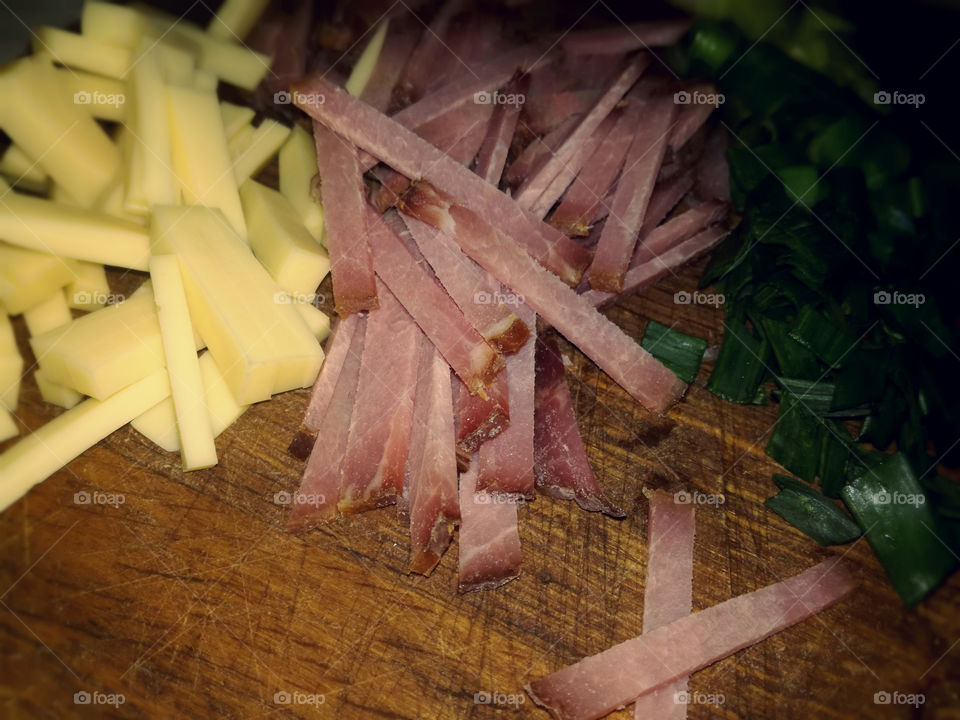 dinner time. ham, onion and cheese