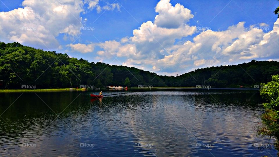 Calm lake with trees on lakeshore