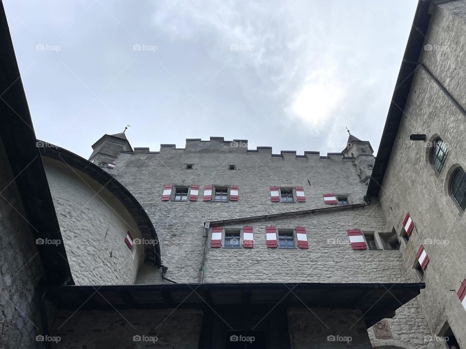 Old architecture, Hohenwerfen Castle Austria, fortress from the 11th century, built in the Alps 