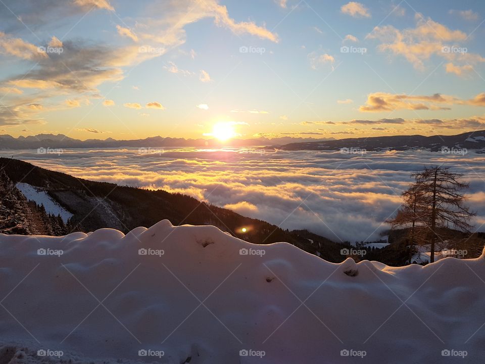 beautiful sunset in the mountains in winter