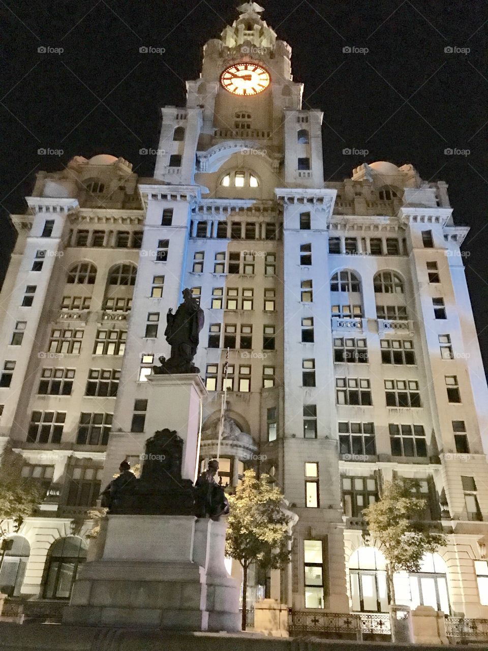 Liverpool's Liver Building at night.