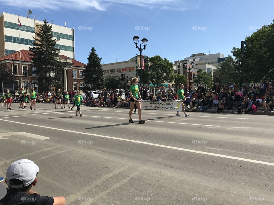 Trampoline gymnasts in the parade.
