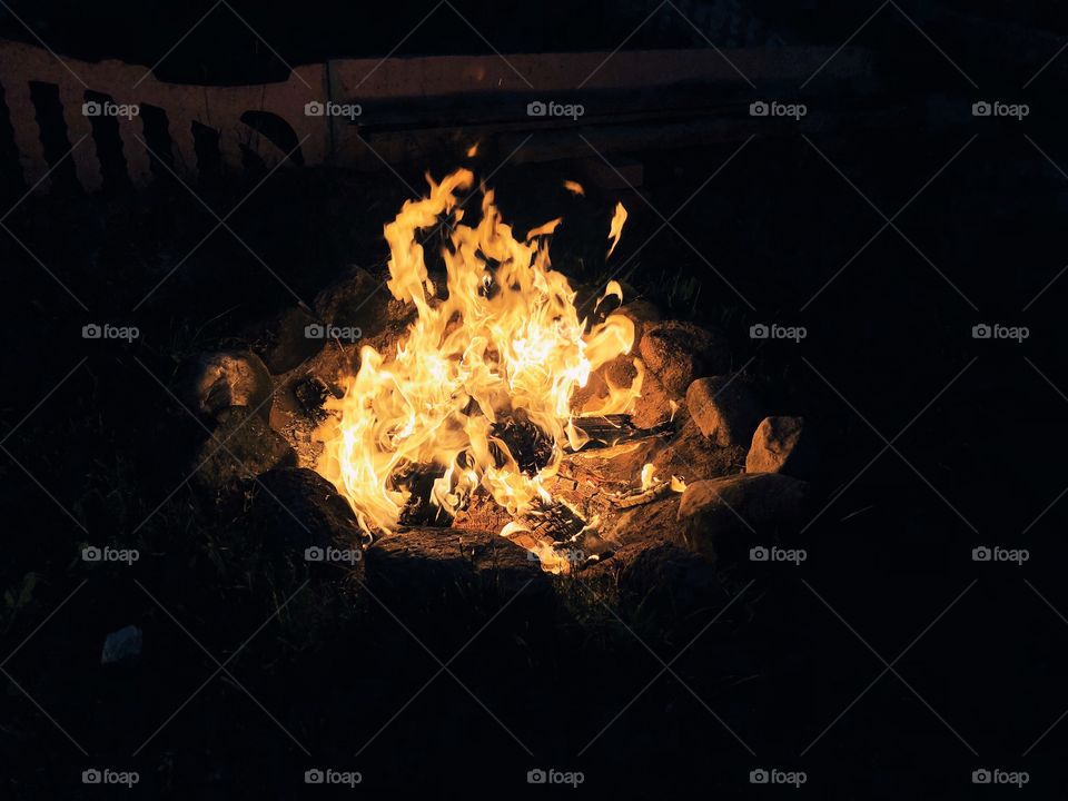 Close up of night campfire