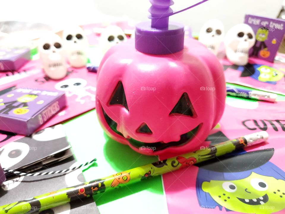 kids Halloween table of treats and goodies .