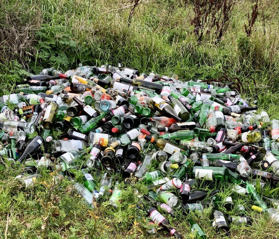 empty bottles and jars littering