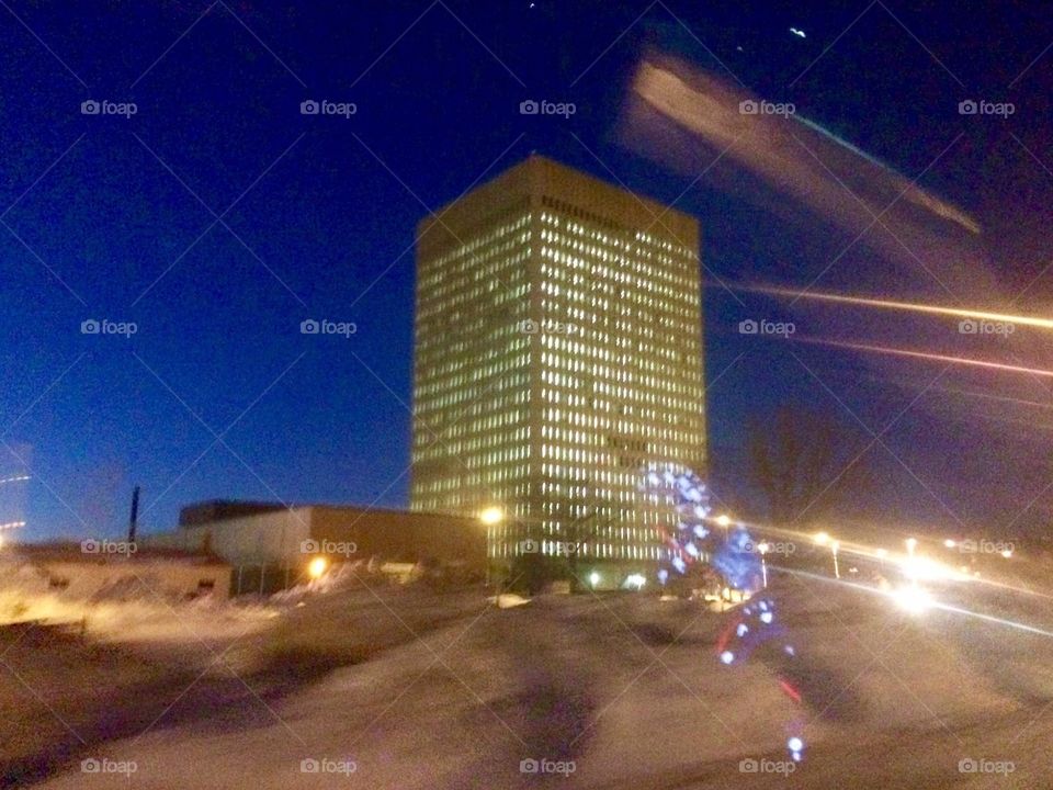 Building with lights on a winter night