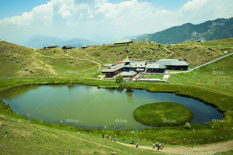 beautiful ancient architecture and pond on the mountain of Himalayas.