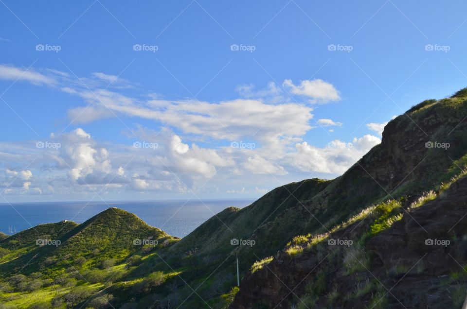 Diamond Head Hawaii, A View From the top of the mountain beautiful ocean and Mountain View.