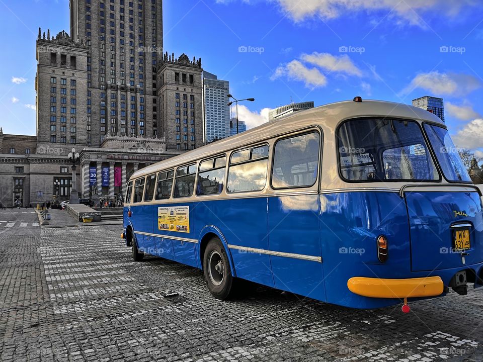 Retro blue bus in Warsaw