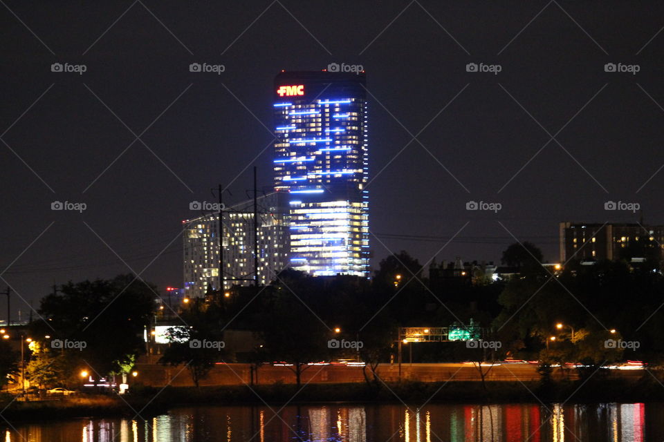 Office tower in the night sky