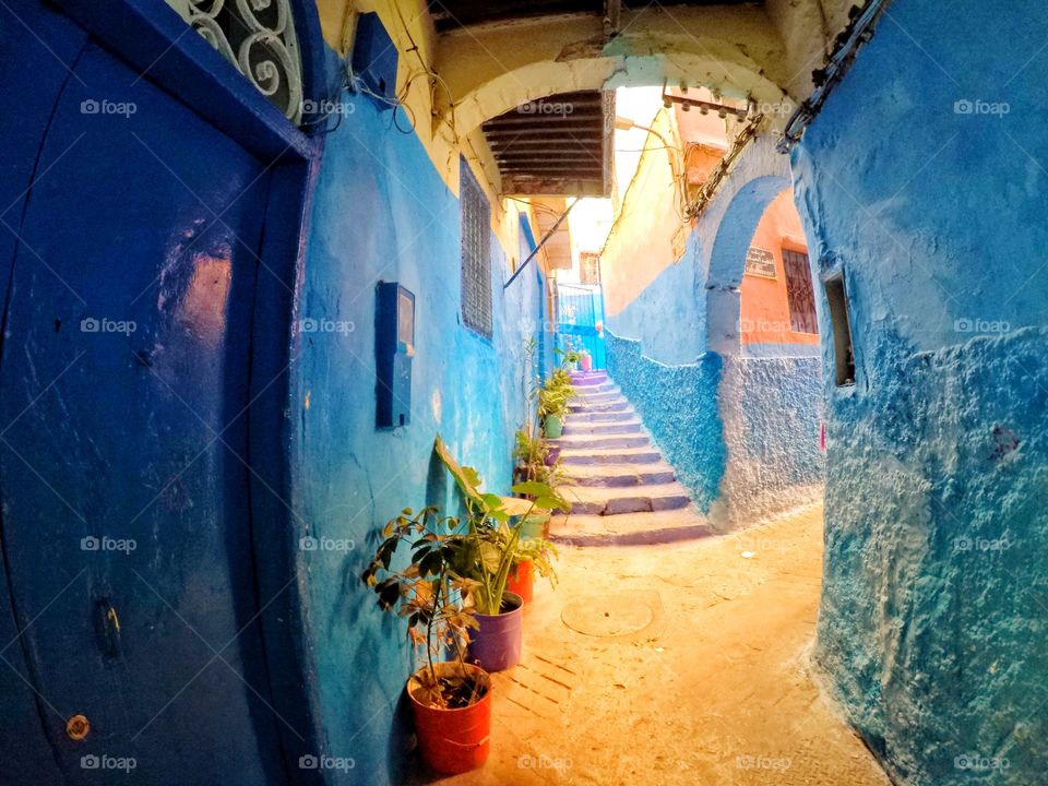 Little narrow Moroccan street, painted in blue 