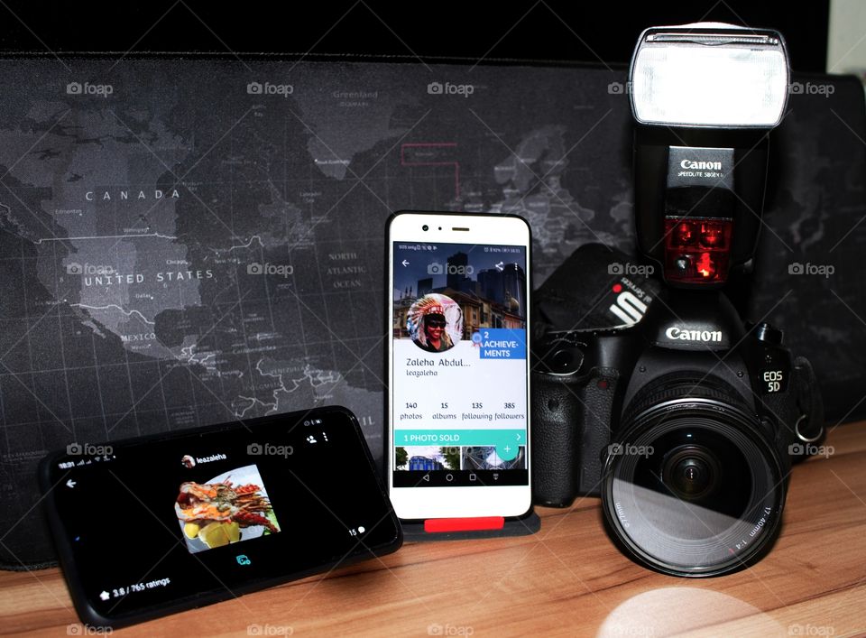 My favourite gadgets - selfie/tripod, mobile phones  and DSLR camera.