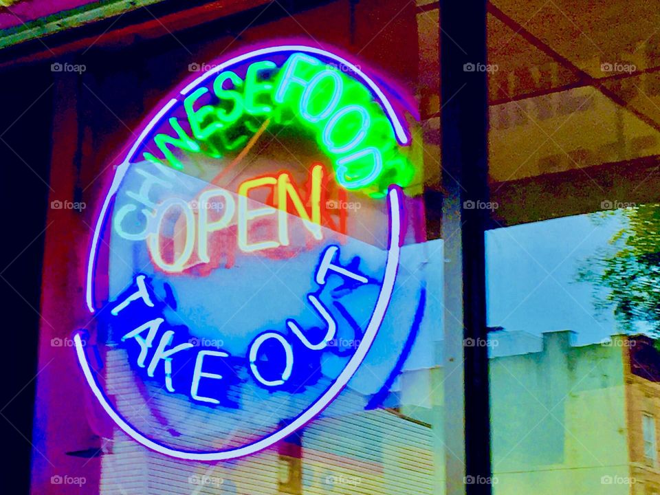 „CHINESE FOOD TAKE OUT“ says the bright neon sign in circularly arranged letters in the window of the Chinese takeout place in Greenpoint, Bklyn we visit every now and then. 2020. Hypnotic Productions