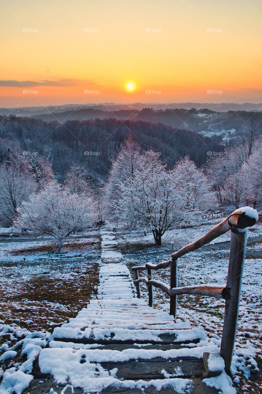 Beautiful orange sunset scenery at mountain house Picelj in Croatia, county hrvatsko zagorje