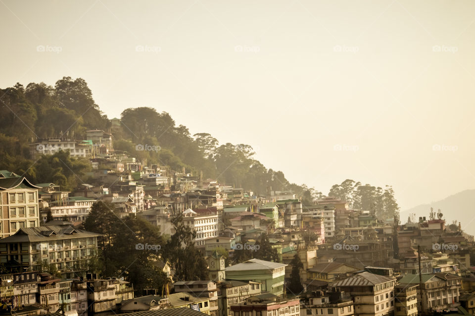 Beautiful panorama view of Gangtok city, largest town of Indian state of Sikkim, located in the eastern Himalayan range in Northern India.