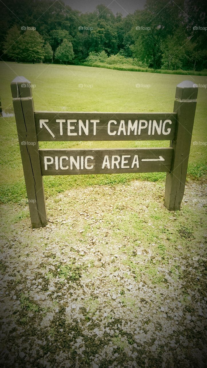 Camp and picnic. a wooded sign in a state park