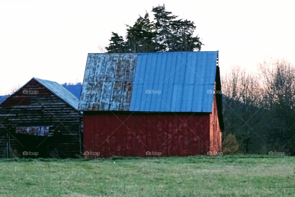 Vintage barn at sunset