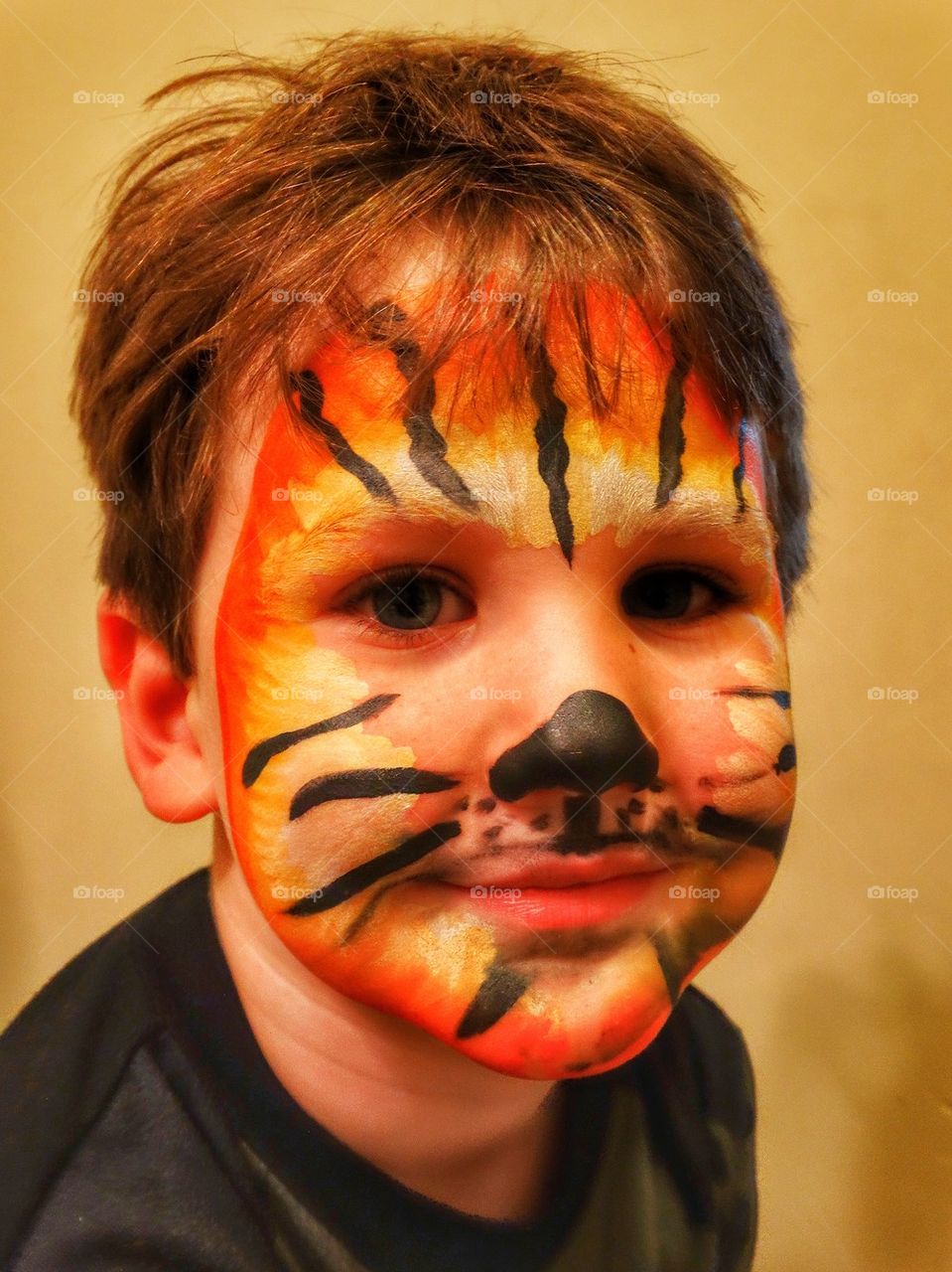 Little Boy Wearing Tiger Face Paint. Halloween Face Paint
