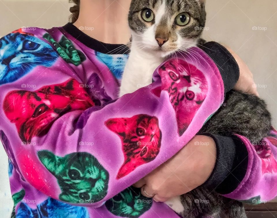 Crazy cat lady holds tabby cat, while wearing a funky, purple cat themed jumper 