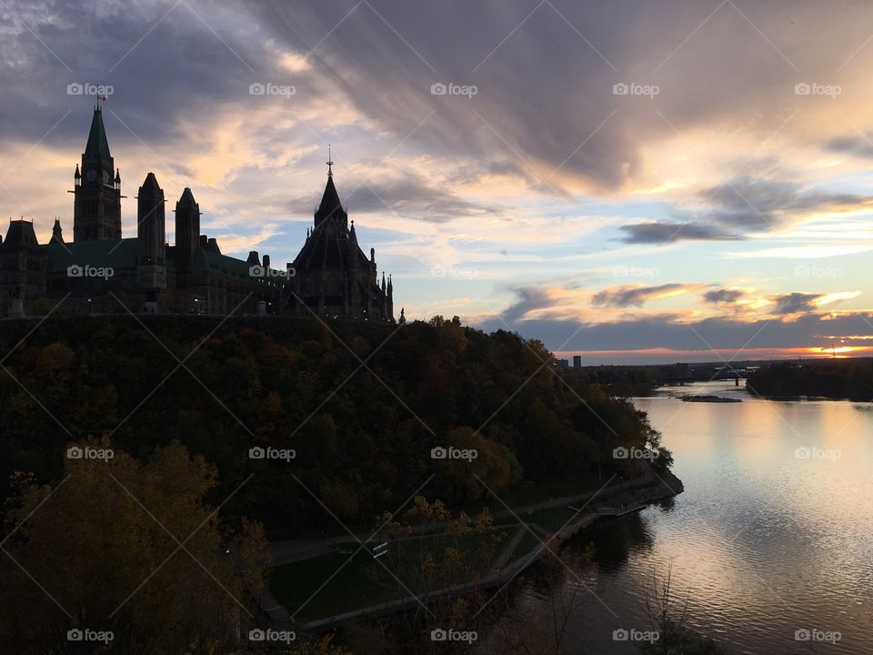 Parliament hill at sunset in Ottawa Ontario Canada.