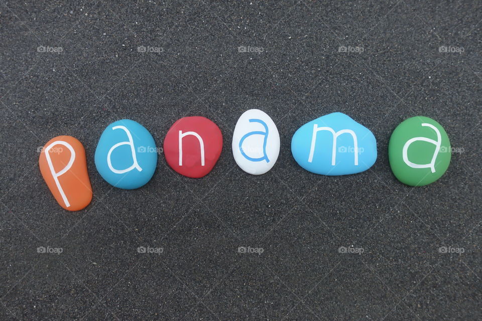 Panama, country in Central America on the Isthmus of Panama, the landbridge between the Caribbean Sea and the Pacific Ocean, souvenir with colored stones 