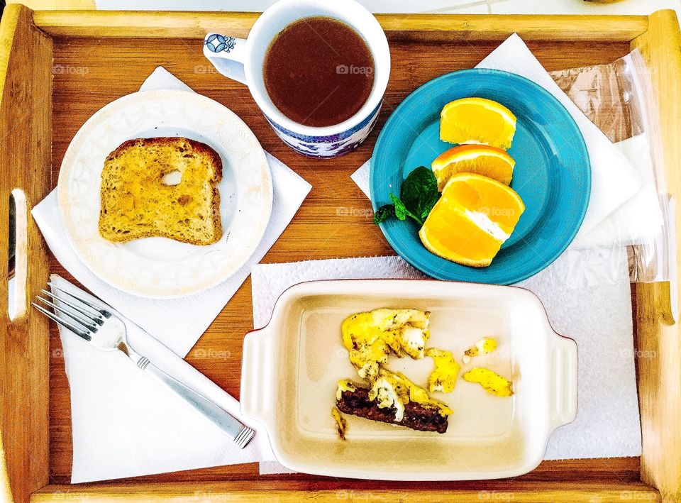 High angle view of delicious breakfast