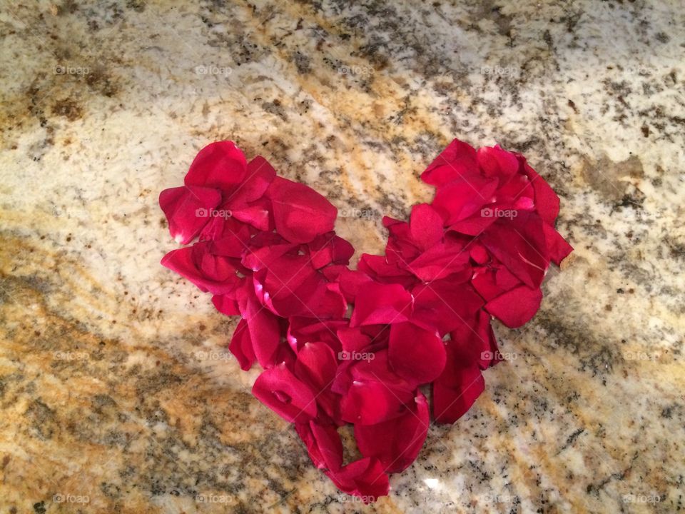 Red heart in rose petals